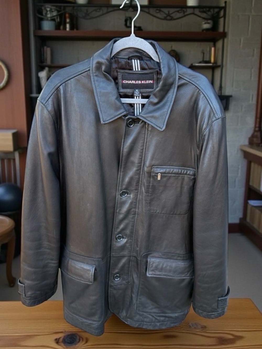 Vintage Charles Klein Black Leather Button-Up Car Coat Jacket Size XL